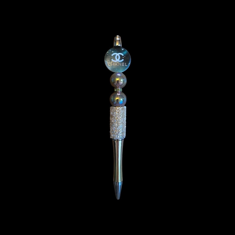 Fashion Inspired Pen Iridescent Pearl Rhinestone Designer Style Silver Tone